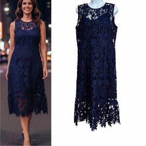 A.B.S. Collection Navy Sleeveless Lace Floral Midi Dress Size 12 Lacey Spring